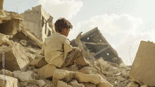 A child from Taiz City sits on the ruins of his ruined home because of the war photo