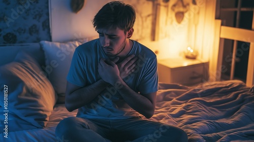 a man looking sad holding his chest sitting on the floor next to his bed
