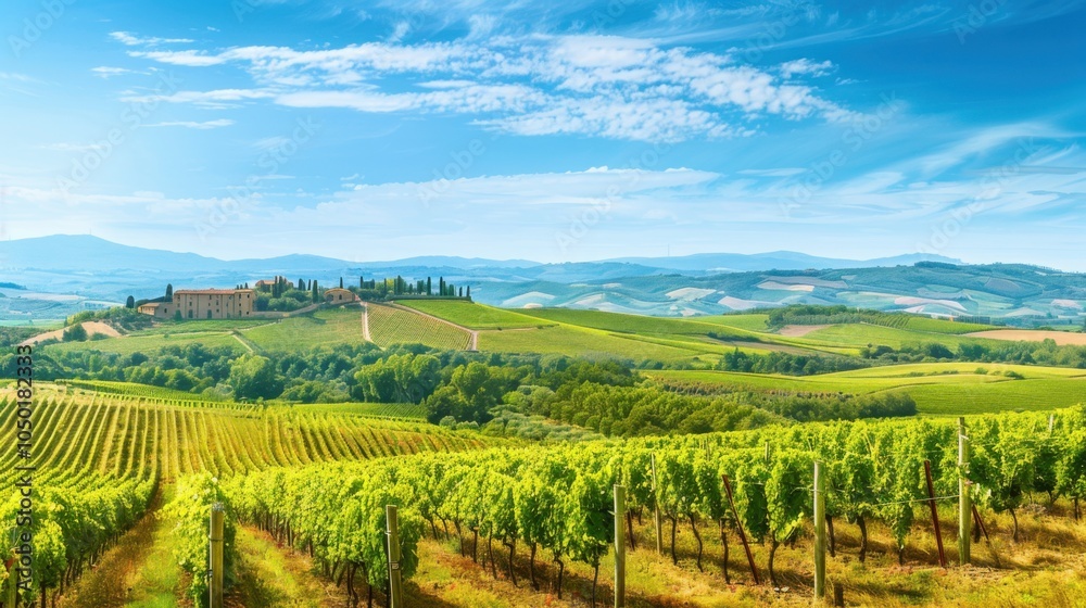 Fototapeta premium A breathtaking view of the lush vineyards of Tuscany with rolling hills and quaint farmhouses under a clear blue sky, pastoral setting with warm, earthy tones