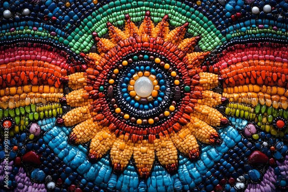Obraz premium A vibrant, artistic design featuring a sunflower motif, embellished with colorful beads and intricate patterns, creating a stunning visual effect.