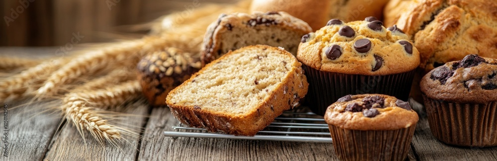 A close-up of freshly baked bread, cookies, and muffins on an old wooden table with wheat stalks in the background A close-up of freshly baked bread, cookies, and muffins on an old wooden table with wheat stalks in the background