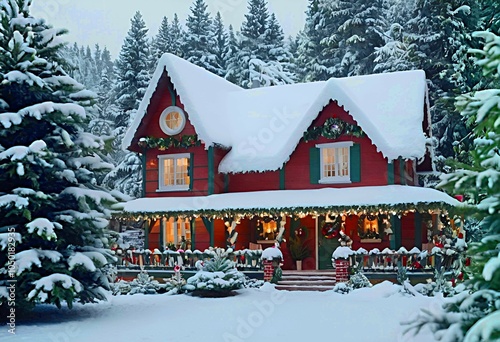 a beautiful cozy house surrounded by a snowy mystical forest creating a fairy-tale atmosphere and Christmas mood