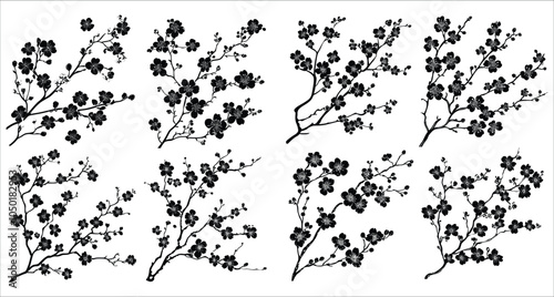 Spring cherry blooming flower silhouettes vector. Set of decorative cherry blooming flowers silhouettes. Beautiful cherry blooming flowers silhouettes vector illustrations