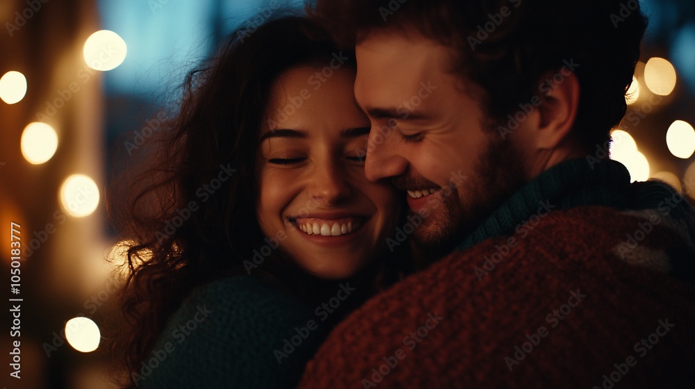A young couple embraces under the soft glow of Christmas lights. Their faces are lit up with happiness. A young couple embraces under the soft glow of Christmas lights. Their faces are lit up with happiness.