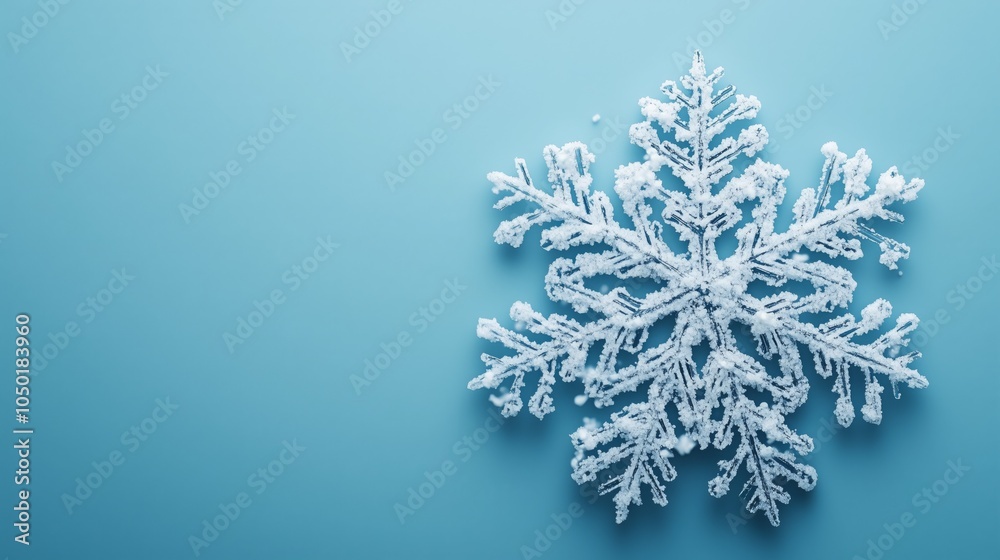 A single snowflake captures light beautifully on a tranquil blue surface