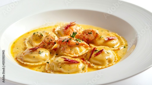 Ravioli with lobster and a sauce.