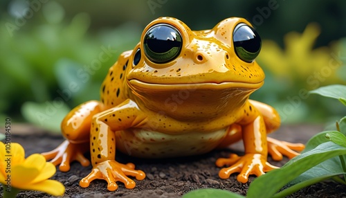 A charming amber frog with bulging eyes and a playful expression, bringing a fun and vibrant element to garden decor or children's spaces, Generative AI