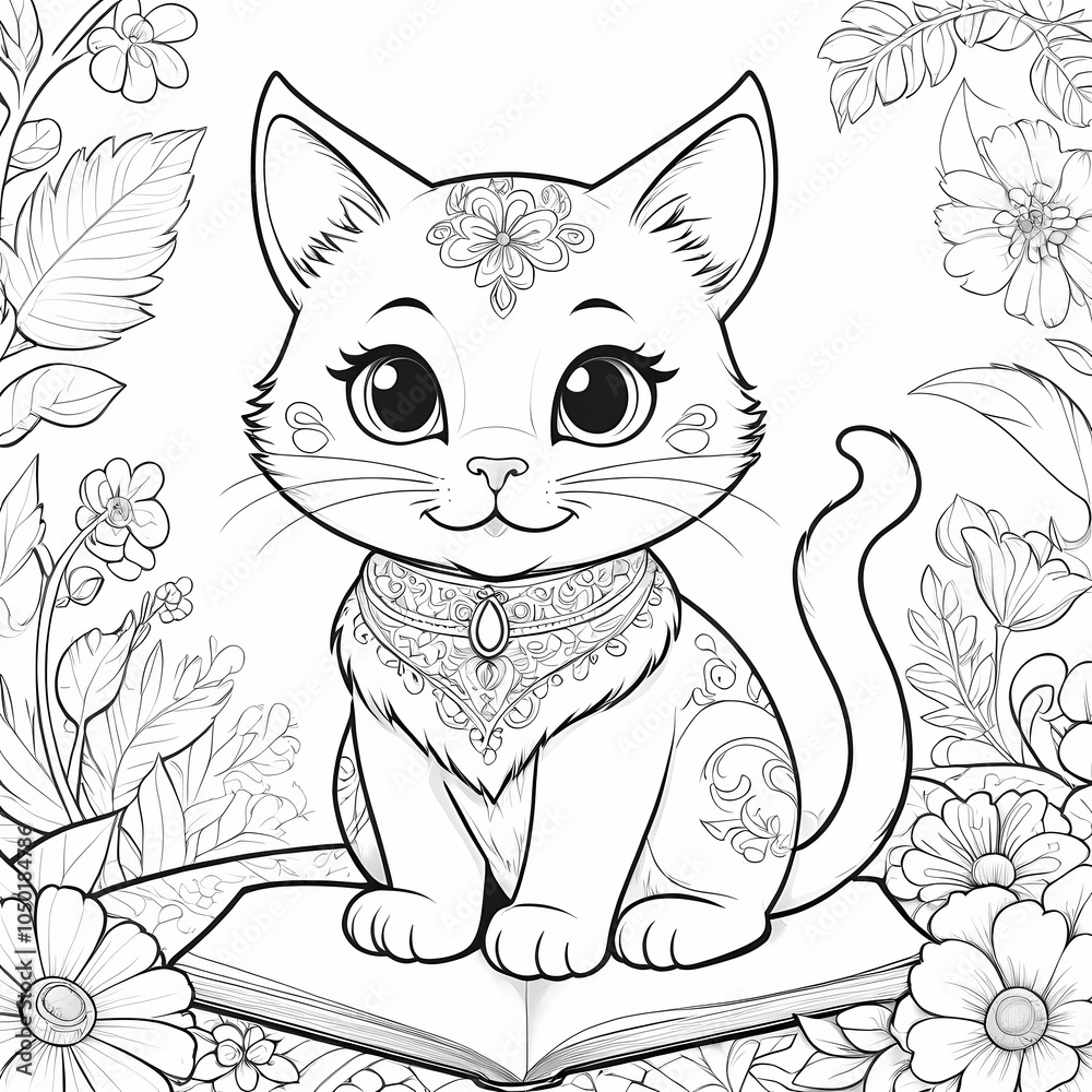 Obraz premium A delightful coloring book featuring adorable cat illustrations, perfect for children and adults alike. Each page showcases a different cat in various poses and settings, ready to be brought to life