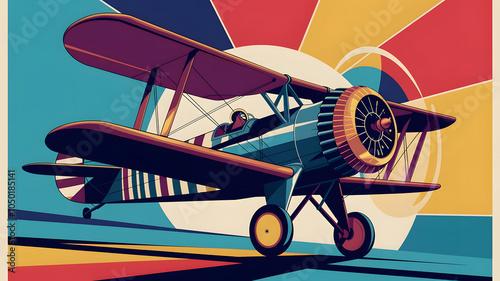 Vintage airplane with a pilot in vibrant graphic style against a colorful sunburst background