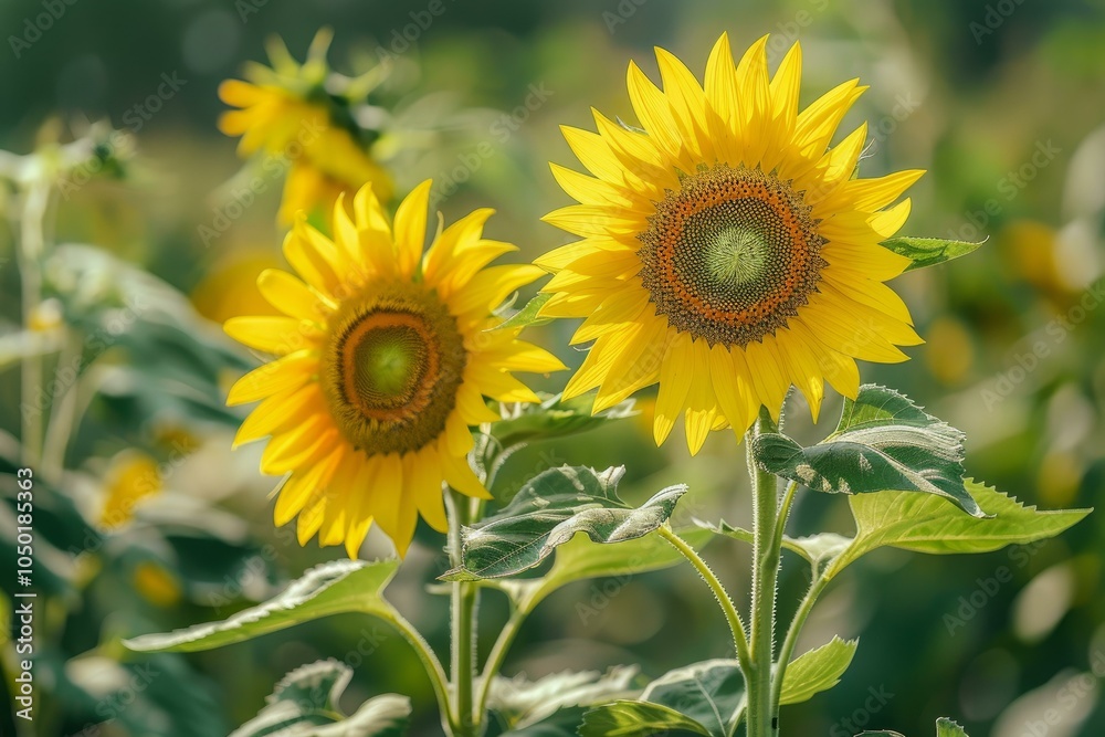Two sunflowers are growing tall and blooming in a cultivated field Two sunflowers are growing tall and blooming in a cultivated field