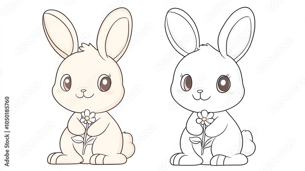 A cute cartoon bunny holding a flower, in both color and outlined versions. A cute cartoon bunny holding a flower, in both color and outlined versions.
