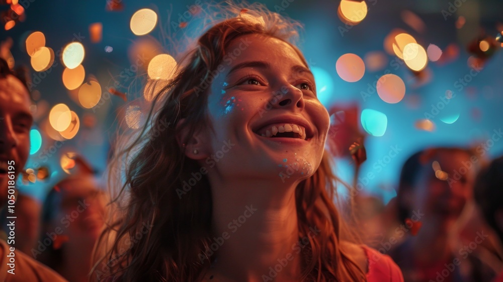 A young woman with curly blonde hair, smiling and looking up, is pictured with glitter on her face in a festive, joyful setting with bokeh lights and confetti, indicating a celebratory event. A young woman with curly blonde hair, smiling and looking up, is pictured with glitter on her face in a festive, joyful setting with bokeh lights and confetti, indicating a celebratory event.