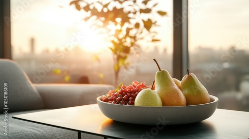 A bowl of fresh pears, berries, and pomegranate seeds lit by the warm sunrise through a large window, capturing a serene and peaceful morning moment. photo