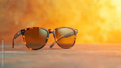 A stylish pair of classic sunglasses set against a dynamic gradient background, enhanced by the play of light, exuding a sense of timeless cool. photo