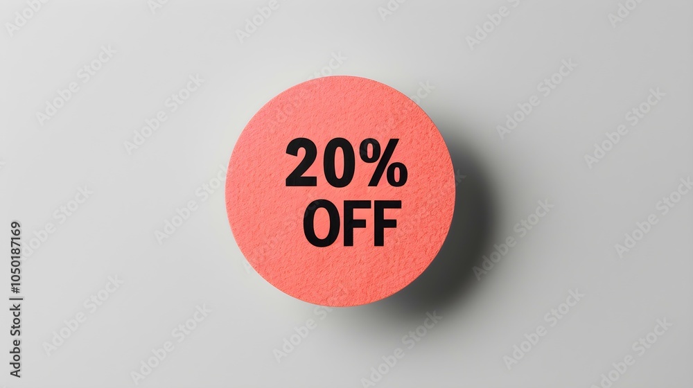 Black '20% OFF' Text on a Light Red Round Paper Note. White Background with Copy Space Black '20% OFF' Text on a Light Red Round Paper Note. White Background with Copy Space