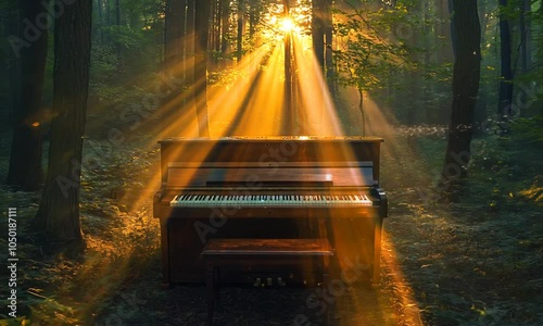 A piano in a sunlit forest, creating a serene and magical atmosphere.