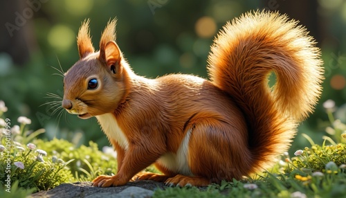 A delightful amber squirrel with a bushy tail and a playful stance, adding charm and warmth to any garden or nature-inspired decor, Generative AI