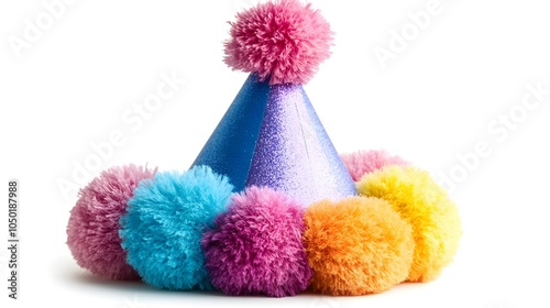 Bright party hat with a soft fluffy pompon, shining in vivid colors, perfect for birthday or holiday celebrations, white background