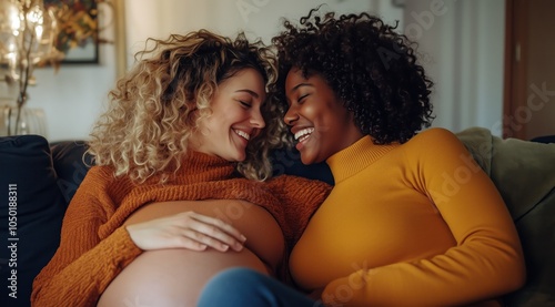 Une femme enceinte et son amie afro-américaine se souriant, assises sur le canapé de leur salon pendant la journée, bonheur et complicité. photo