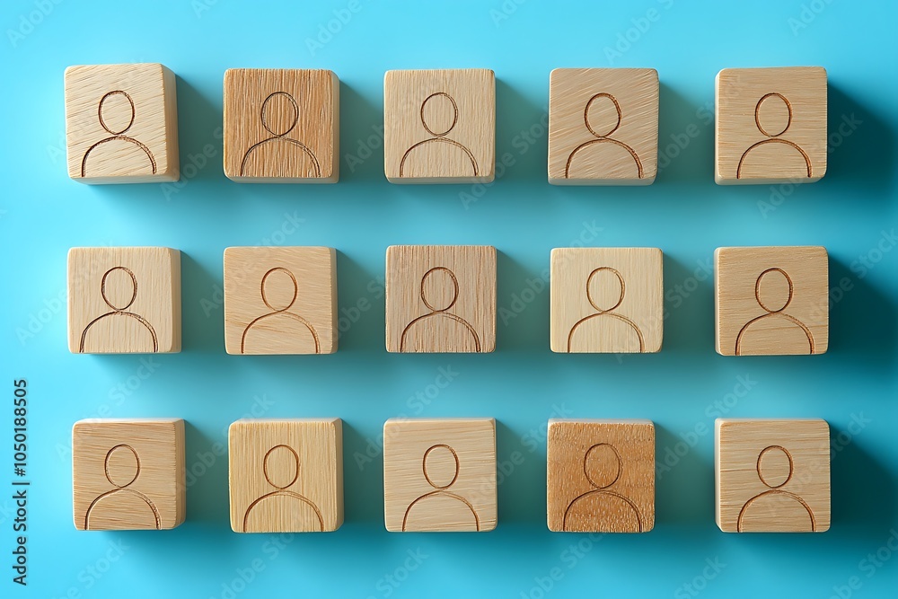 Obraz premium Organized Wooden Blocks with Person Icons Group Formation and Structure