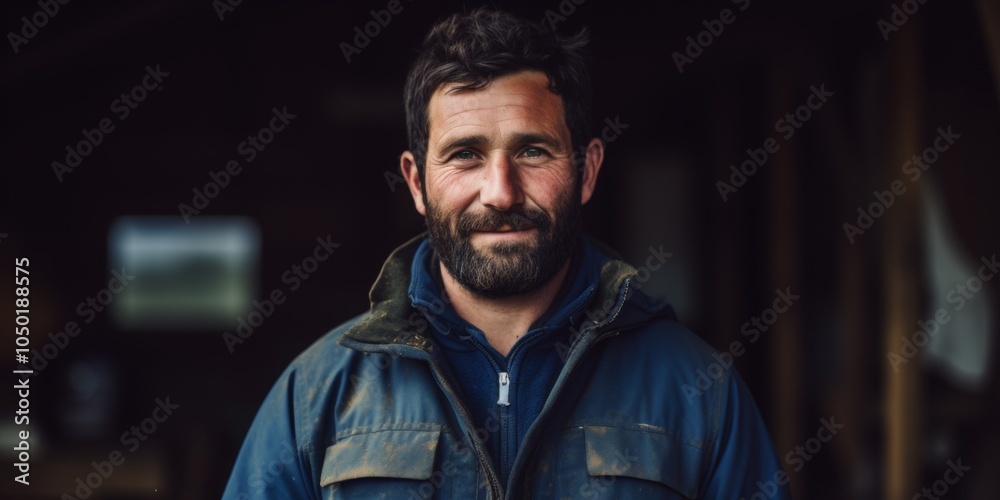 Obraz premium A portrait of a male farmer in overalls stands near his farm. Generative AI.