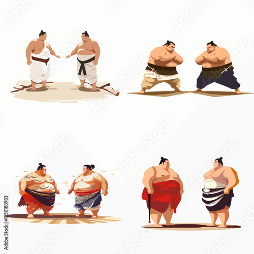 different drawings of two men in sumo wrestling poses