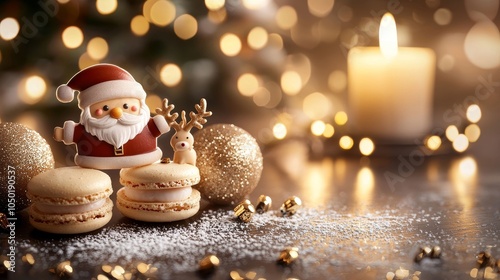 Beautifully crafted Christmas macarons shaped like Santa Claus and reindeer, placed in a warm, candlelit living room with a Christmas tree glowing in the background photo