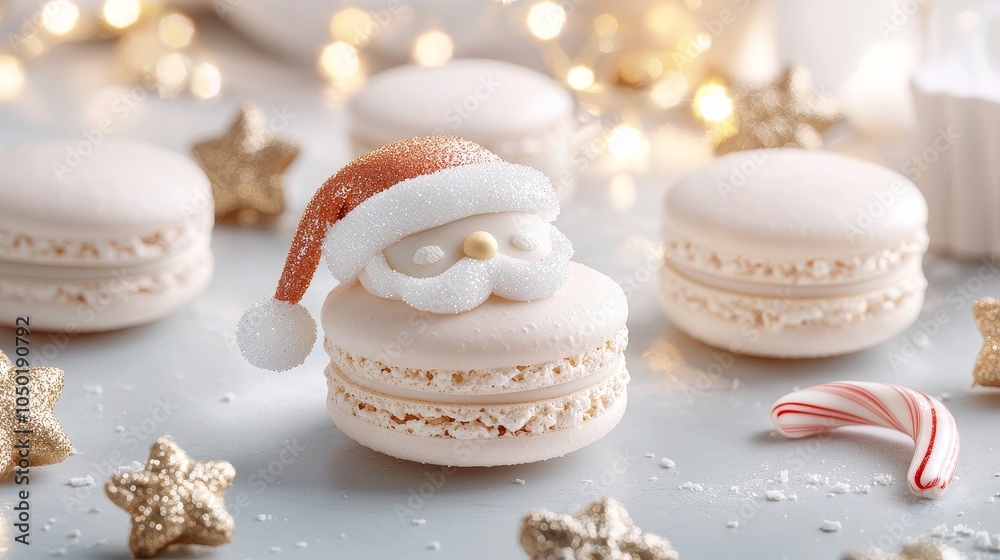 Beautifully crafted Santa Claus macarons with gold details, surrounded by gingerbread cookies and holly leaves on a festive plate Beautifully crafted Santa Claus macarons with gold details, surrounded by gingerbread cookies and holly leaves on a festive plate