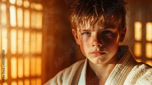 A determined young boy wearing a martial arts gi stands in a sunlit dojo, capturing the essence of focus, discipline, and the art of self-defense. photo