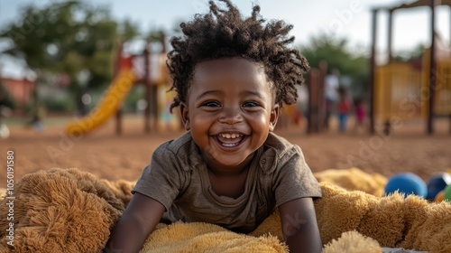 Smiling young child enjoying playtime outdoors amidst colorful playground equipment, surrounded by plush toys on a sunny day, portraying innocence and happiness. photo