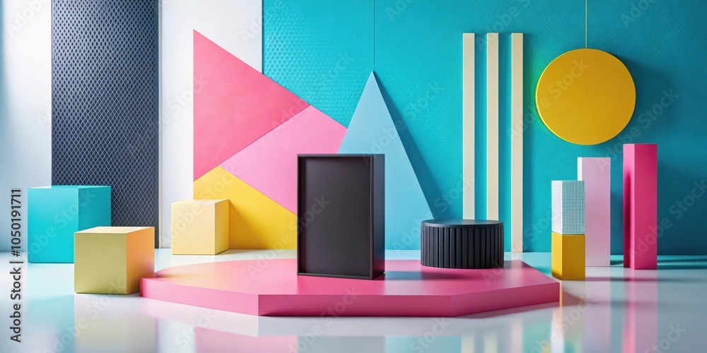 Fototapeta premium Geometric abstract composition featuring vibrant colors and a minimalist design, showcasing a black frame on a pink podium