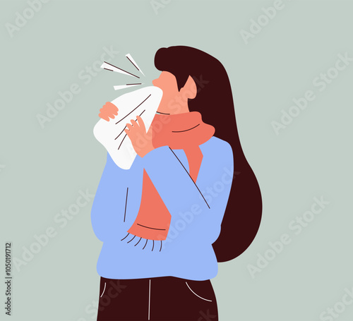 Female character sneezing and coughing right and wrong. Woman coughing in arm, elbow, tissue. Prevention against virus