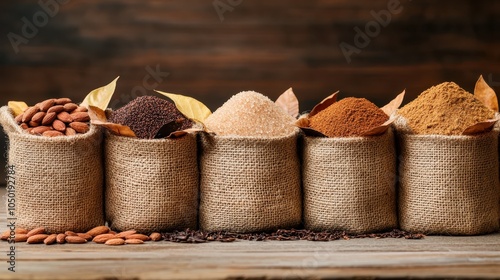 Sacks filled with a variety of spices and nuts are neatly arranged on a wooden table, showcasing their rich textures and vibrant hues in a rustic setting. photo