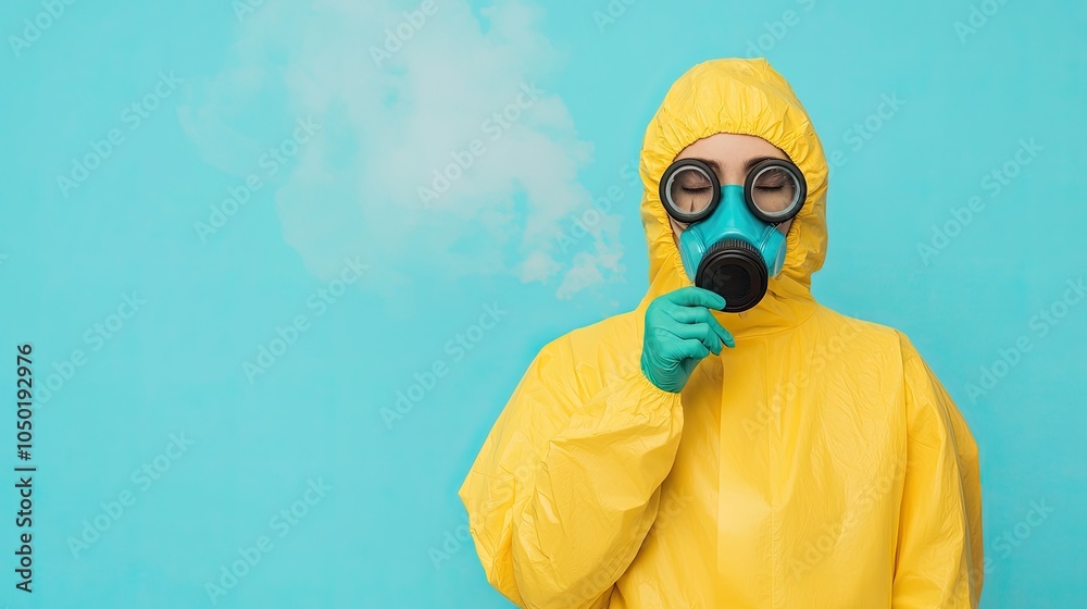 A person posing dressed in a chemical and toxic protection suit, with a gas mask on the face, on a plain background. A person posing dressed in a chemical and toxic protection suit, with a gas mask on the face, on a plain background.