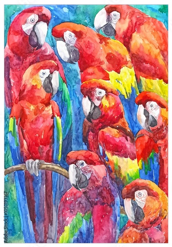 blue and yellow macaw, Macaw parrots, animal protection, watercolor illustration, postcard design, for advertising, in red and yellow colors