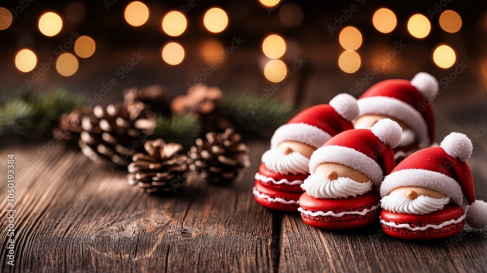 Santa macarons with fluffy white beards and red hats, placed on rustic wooden table, pine cones and warm Christmas lights glowing softly in the background Santa macarons with fluffy white beards and red hats, placed on rustic wooden table, pine cones and warm Christmas lights glowing softly in the background