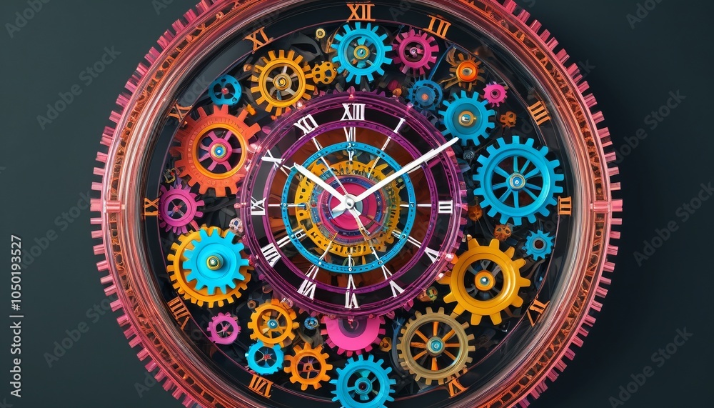 Obraz premium An artistic crystal clock with colorful gears, combining functionality with a fun design that enhances any wall decor, Generative AI