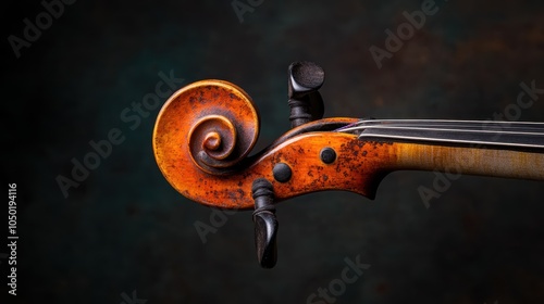 An aged violin scroll with a rich, antique patina highlighted against a dark background, showcasing the classical beauty and historical charm of the instrument. photo