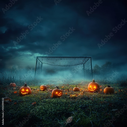 Halloween Pumpkins on a Soccer Field at Dusk