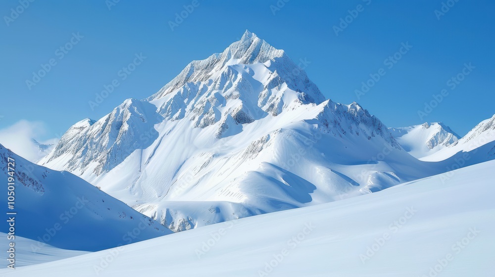 Obraz premium Majestic Snow-Capped Mountain Peak Against a Clear Blue Sky in a Winter Wonderland.