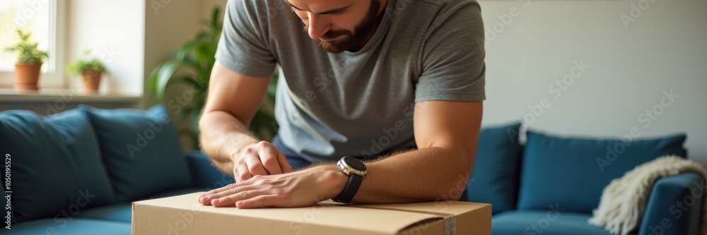 Fototapeta premium A man prepares to unbox a package at home, showcasing moments of anticipation and engagement with online shopping and deliveries.