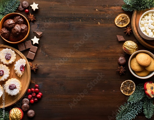 christmas holiday cookies and desserts double border overhead view on a dark wood banner background cookies tarts chocolates and hot chocolate tray