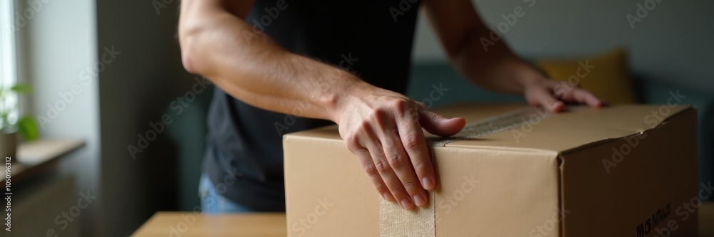 A close-up of a person's hands preparing to seal a cardboard box, ideal for e-commerce, packaging, or shipping businesses. A close-up of a person's hands preparing to seal a cardboard box, ideal for e-commerce, packaging, or shipping businesses.