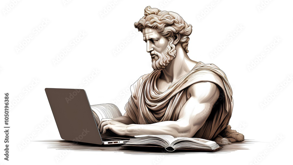 Obraz premium Greek sculpture with laptop on white background. Sculpture of Greek philosopher in front of computer.