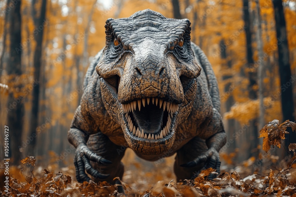 Fototapeta premium Tyrannosaurus rex roaring in autumn forest: majestic dinosaur emerging from prehistoric woods