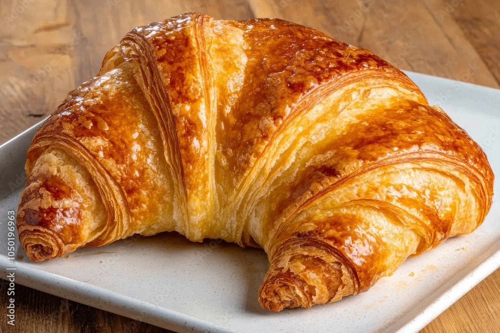 Golden, flaky croissant on a white plate, showcasing its buttery layers and crisp texture. Golden, flaky croissant on a white plate, showcasing its buttery layers and crisp texture.