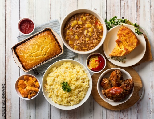 cozy comfort food table scene top dwon view over a white wood background meatloaf stew pot pie mac and cheese grilled cheese soup fried chicken shepherds pie and warm sides photo