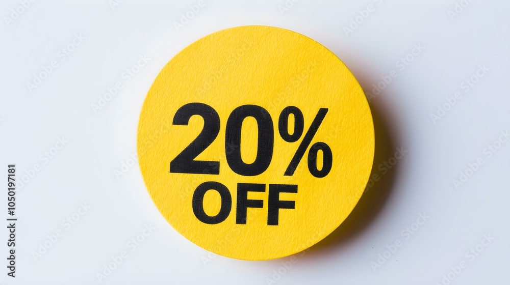 Black '20% OFF' Text on a Yellow Round Paper Note. White Background with Copy Space Black '20% OFF' Text on a Yellow Round Paper Note. White Background with Copy Space