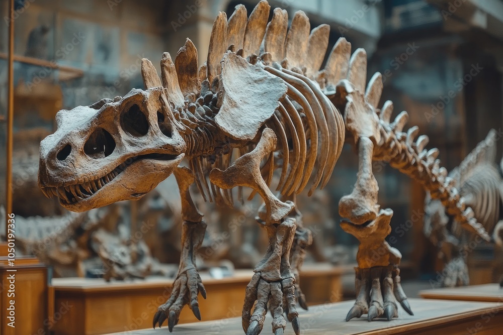 Tuojiangosaurus dinosaur skeleton standing in museum of natural history