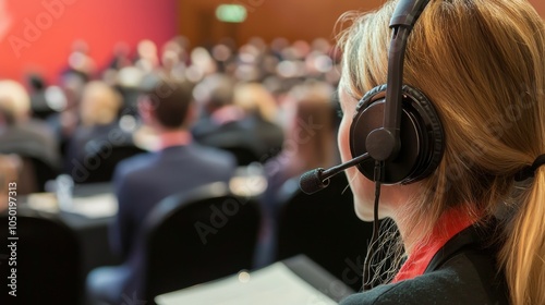 Conference Interpretation: A translator using headsets and a microphone at international meeting
